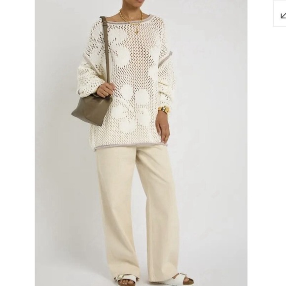 NWT Free People Hidden Tropics Sweater Ivory Purple Trim Open Knit Sz MD Boho - Picture 3 of 13